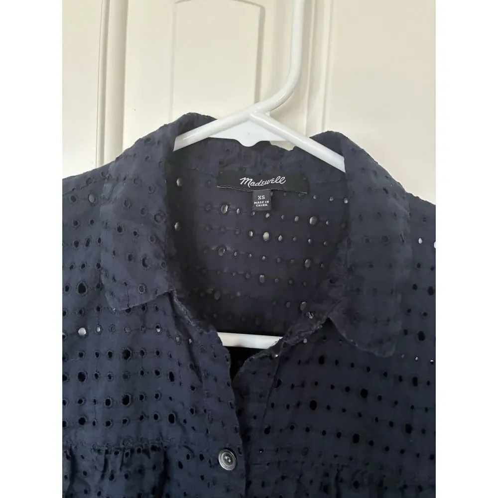Madewell Navy Blue Blouse Eyelet Seamed Button Down Shirt 100% Cotton Sz XS - Picture 3 of 4